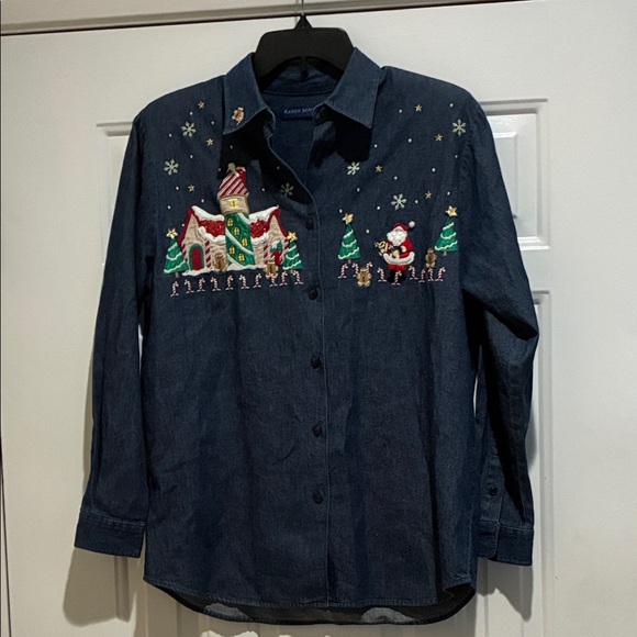 Karen Scott Tops - Karen Scott vintage cotton Festive Denim Shirt with Christmas Embroidery